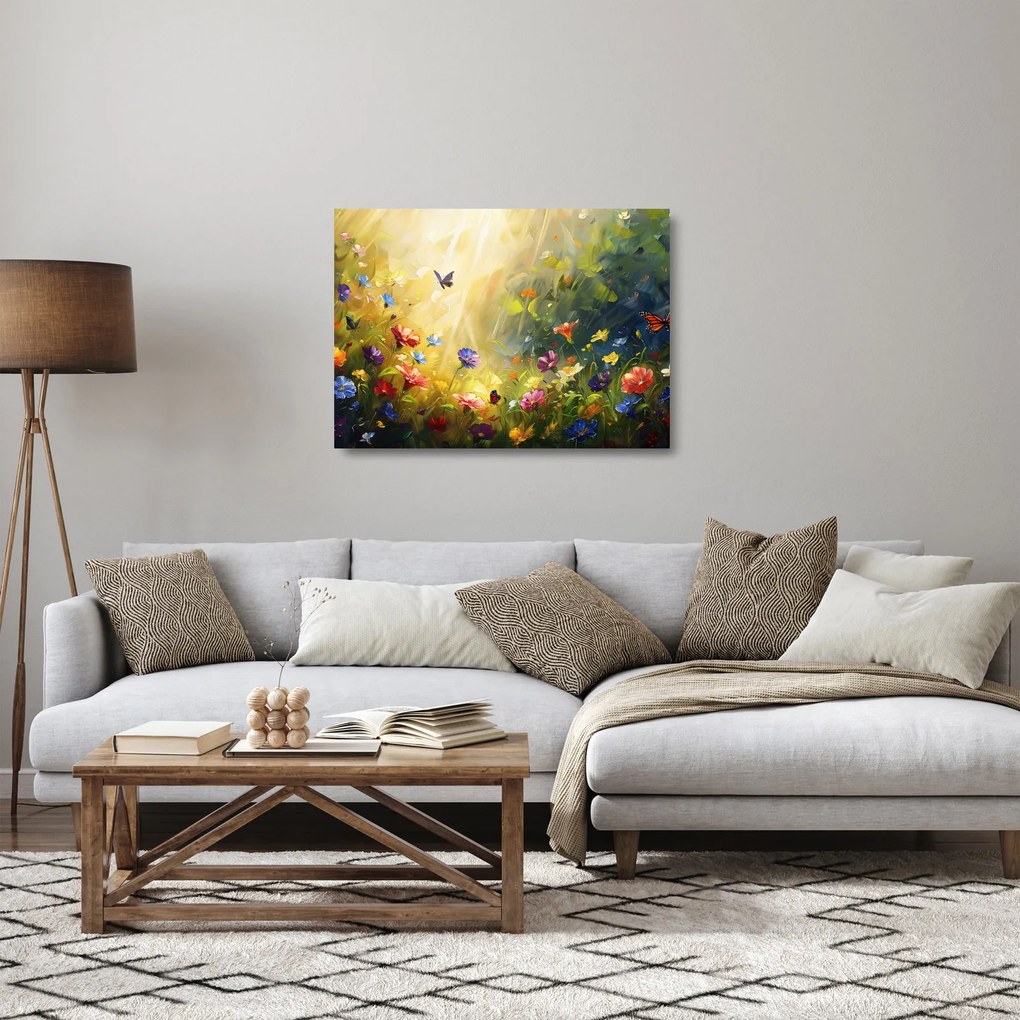 Obraz na szkle - Wiosenna łąka kwiatowa, malarstwo (70x50 cm)