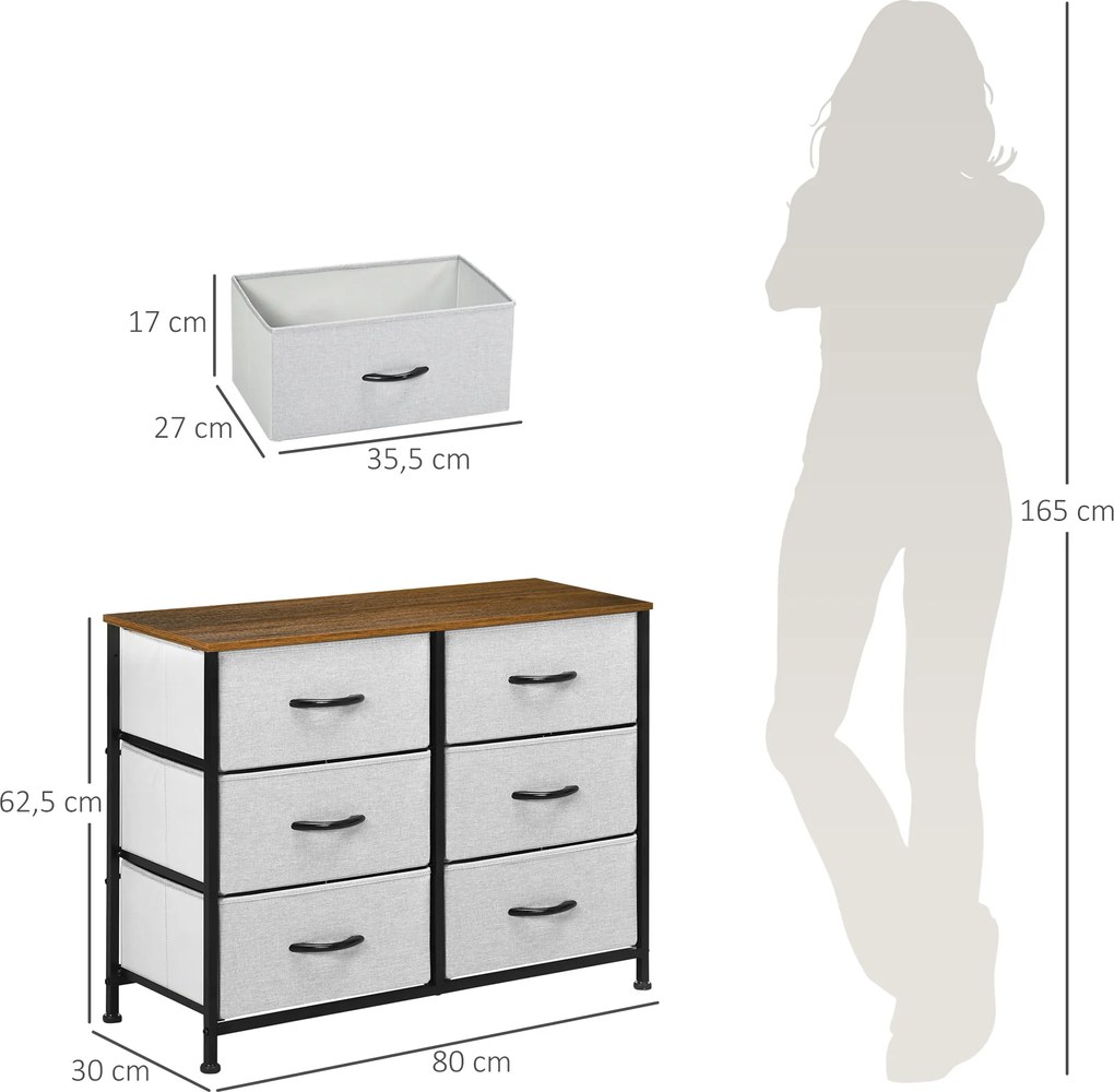 HOMCOM Komoda Sideboard, 6 Szuflad, Szuflady Materiałowe, 80 cm x 30 cm x 62,5 cm, Brąz + Czarny + Szary