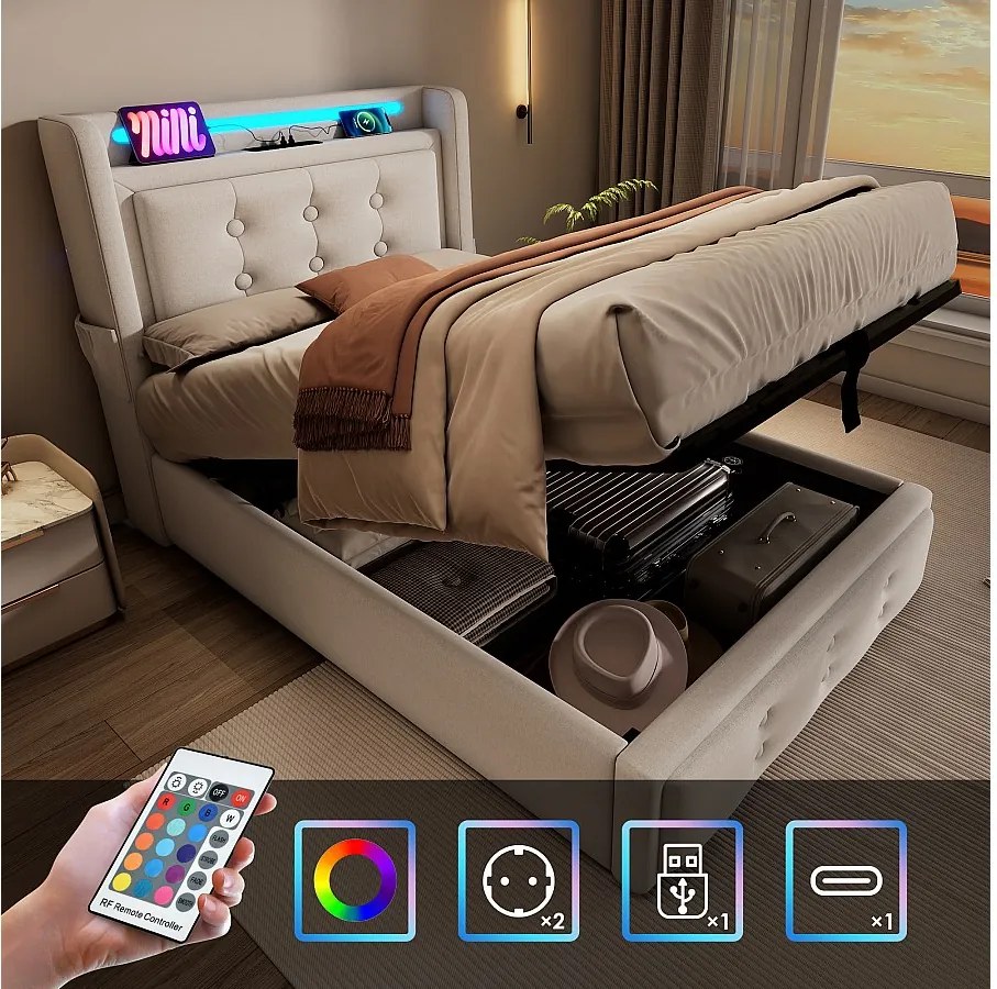 Łóżko z pojemnikiem 90 x 200 cm, zagłówkiem LED, gniazdem USB typu C - Tkanina bawełniana - Beżowe (bez materaca)