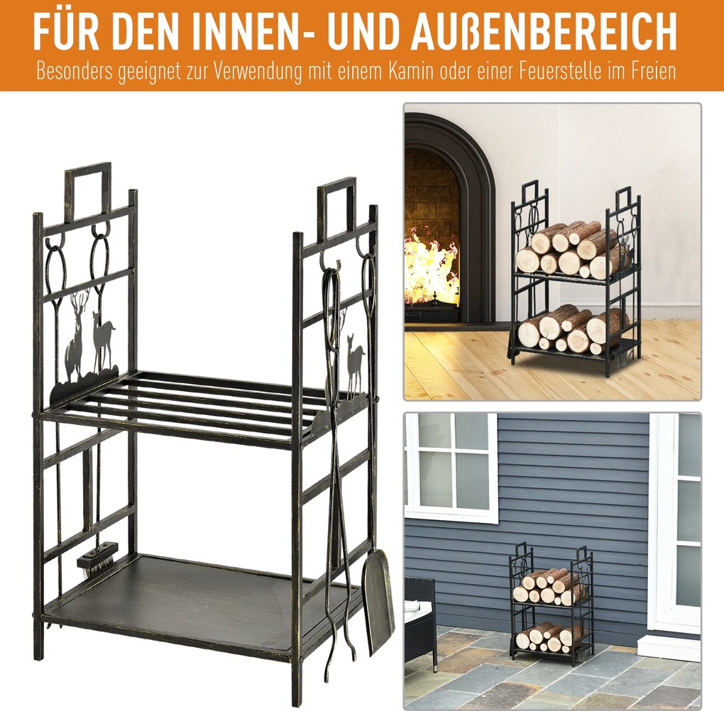 Stojak na drewno kominkowe Outsunny z zestawem narzędzi kominkowych, regał na drewno kominkowe, żelazo, złote, 51,5x33x77 cm