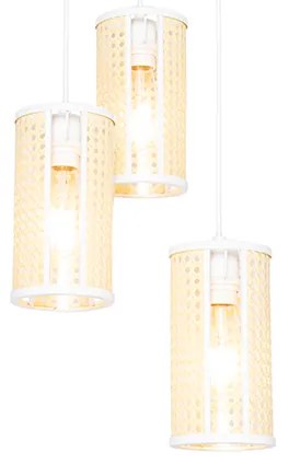 Orientalna lampa wisząca biała z rattanu 3-światłowa okrągła - Akira Retro Oswietlenie wewnetrzne