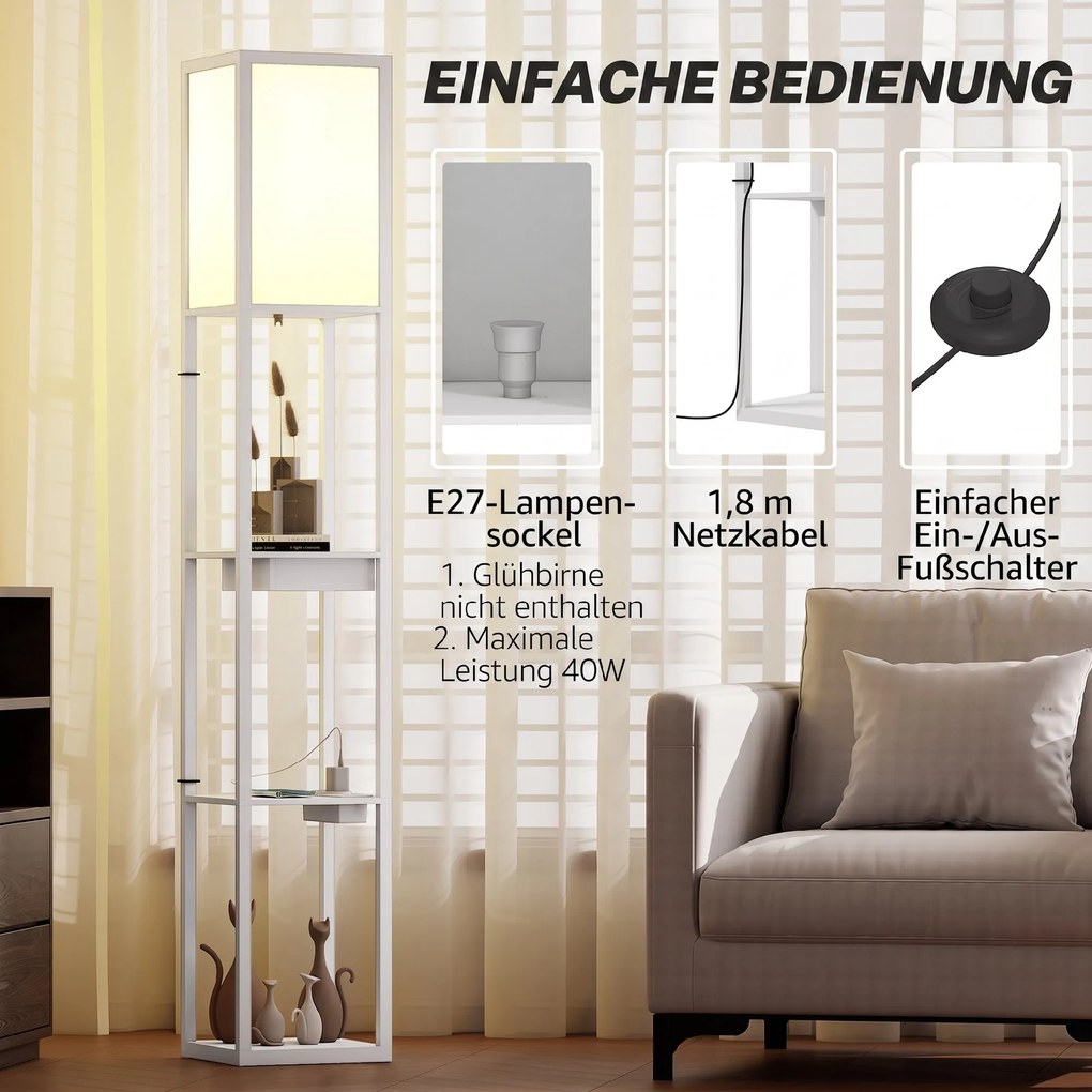 HOMCOM Lampa stojąca z 3-poziomowym regałem, przełącznik nożny, porty USB, MDF, Biała | Aosom PL