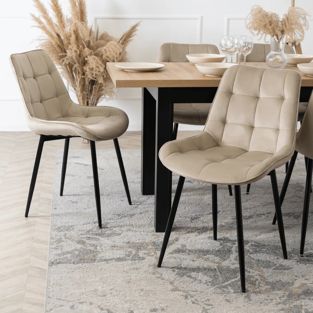 Zestaw Stół Rozkładany SKUBI 120-160 cm Dąb Craft/Czarny i 4 Krzesła Tapicerowane CHRIS Beżowe Nowoczesne