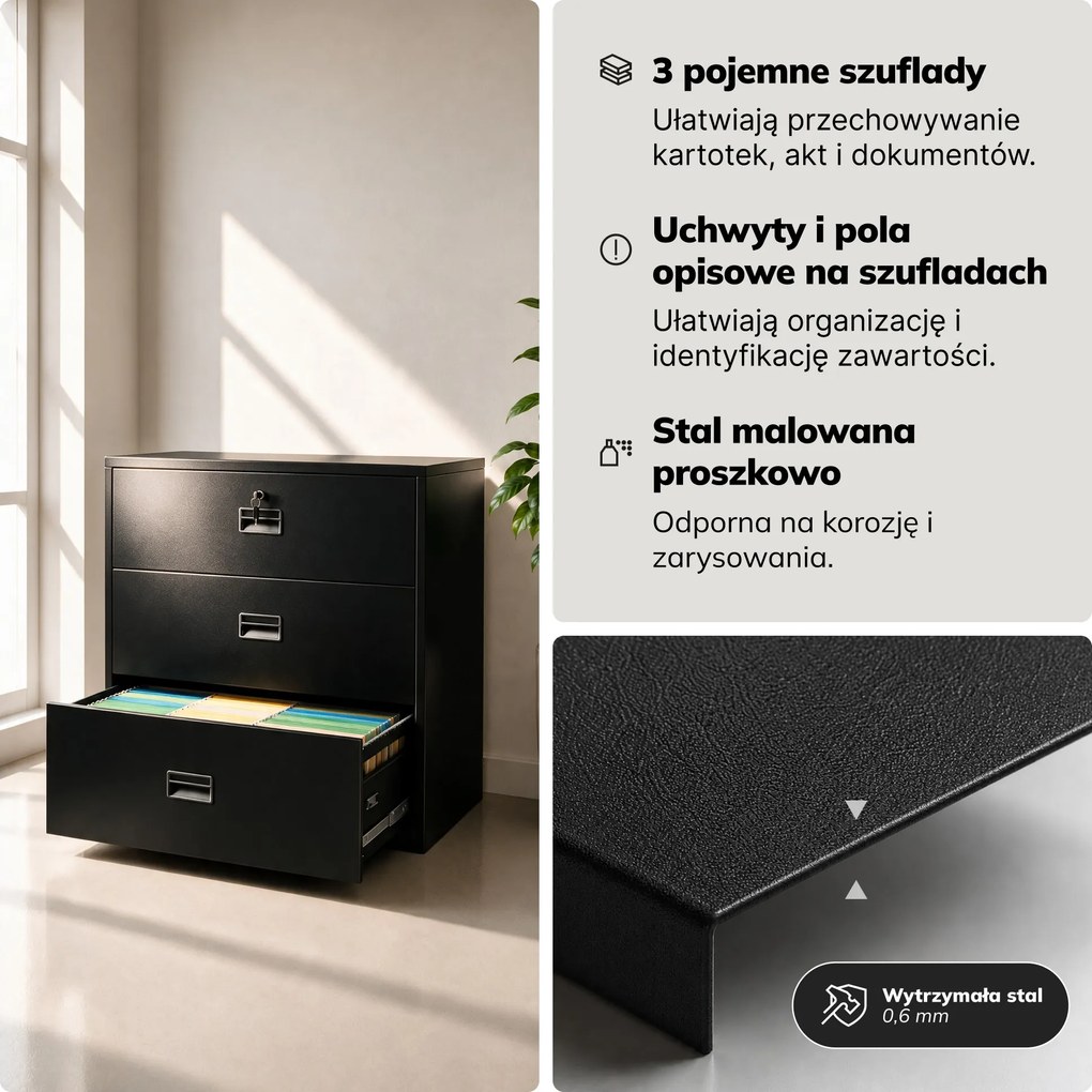 Szafa kartotekowa metalowa z 3 szufladami czarna, 900x1020x600 mm: SARA XL V3