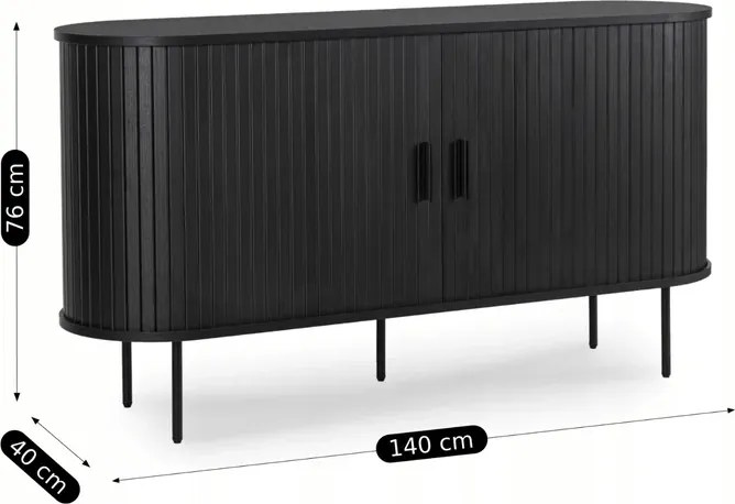 Komoda do Salonu Rozsuwana TRISH 140 cm Czarna Dwudrzwiowa Ryflowana Nowoczesna