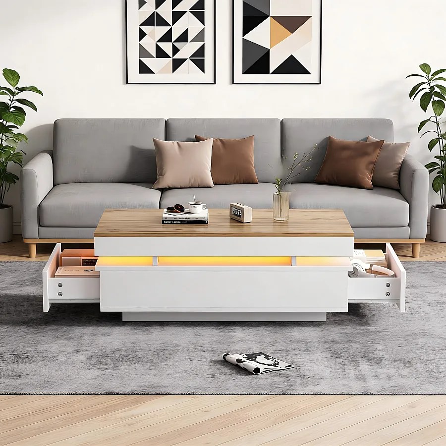 Nowoczesny stolik kawowy lakierowany na wysoki połysk - 100 x 50 x 35 cm - z 2 szufladami + diody LED - płyta wiórowa - biały + naturalny