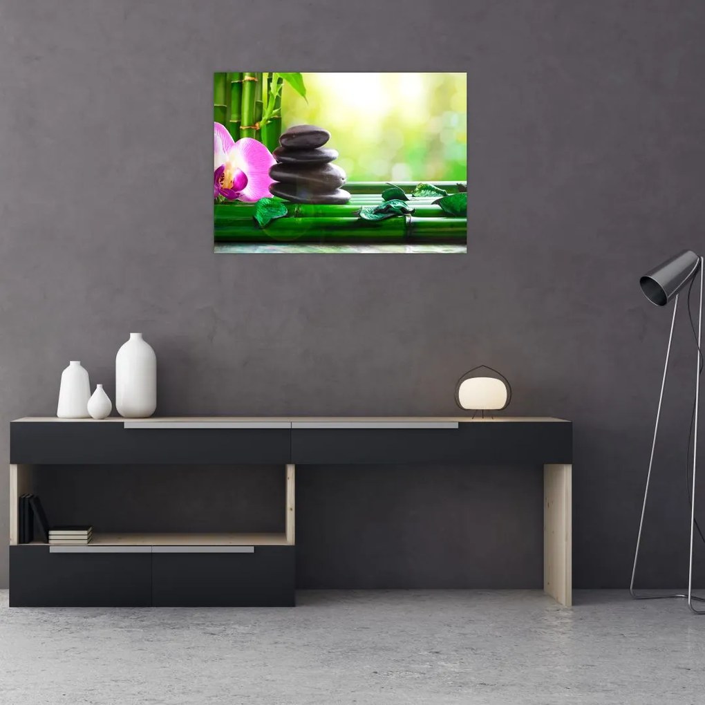 Obraz kamieni do masażu i storczyków na wodzie (70x50 cm)