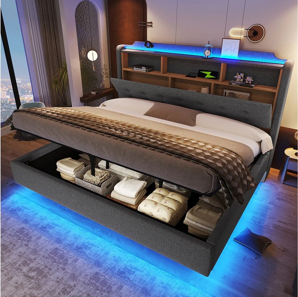 Łóżko 180 x 200 cm ze schowkiem hydraulicznym, oświetleniem LED, przegrodą, portami USB i typu C - lniane - szare (materac nie jest wliczony w cenę)