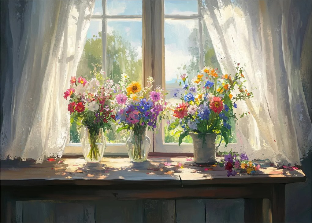 Obraz na szkle - Bukiet przy oknie (70x50 cm)