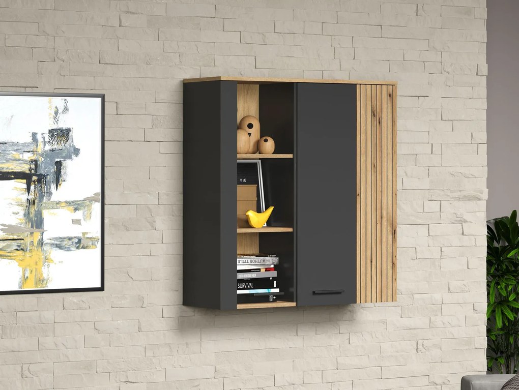 Witryna wisząca do salonu z lamelami grafit + dąb evok E2-G51