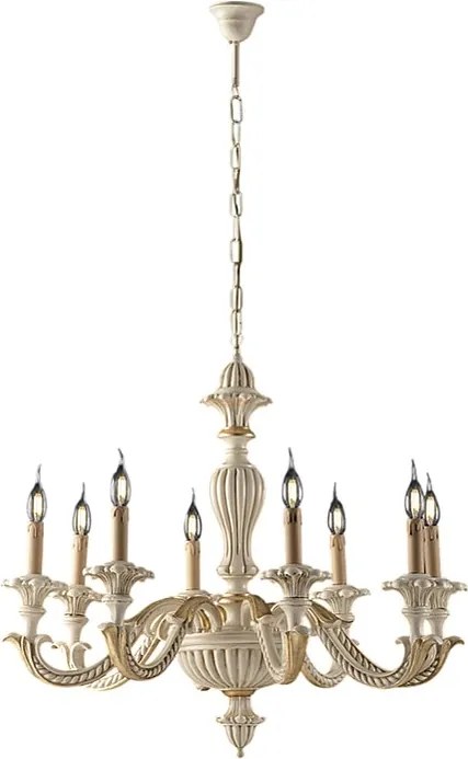 Żyrandol Leonardo z drewna w kolorze kości słoniowej i płatków złota, 6 świateł, 130 Ø74 BL180-6-AV