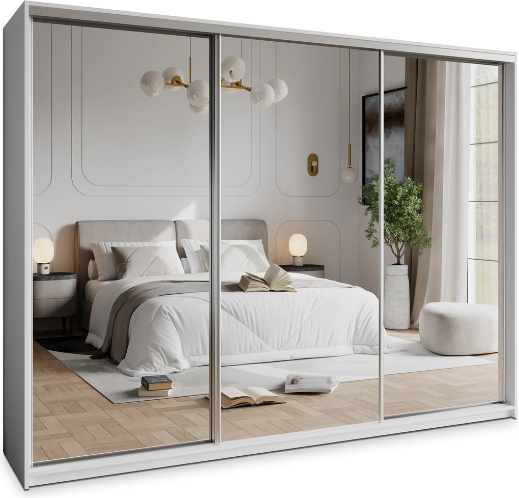 Szafa Przesuwna RIEN 250 cm z Lustrem Szafa Trzydrzwiowa z Szufladami Biała / Satynowe Profile
