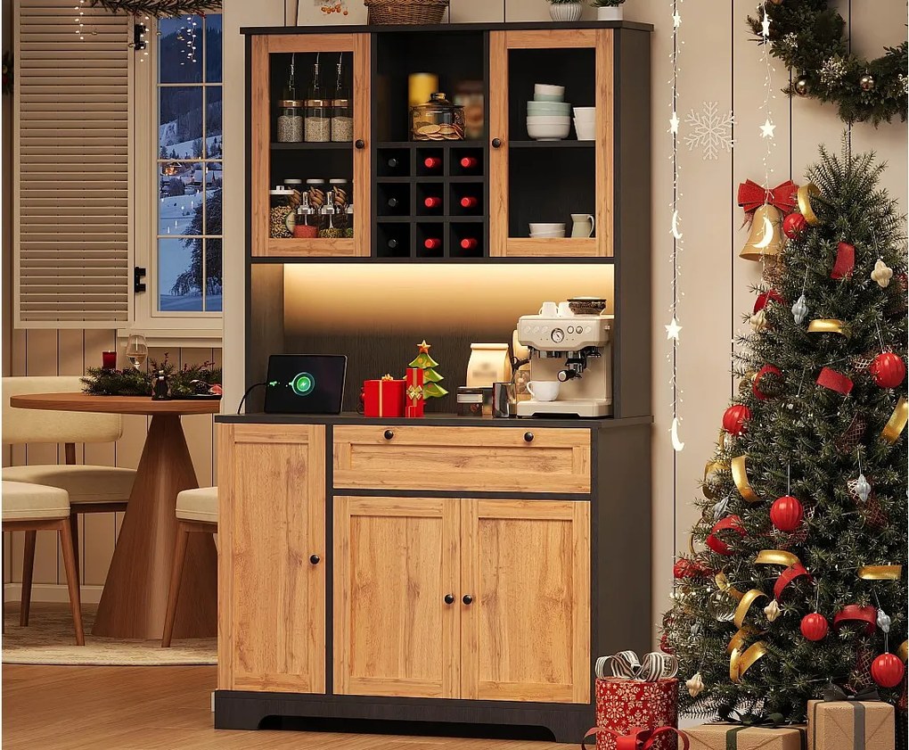 Nowoczesny kredens kuchenny 100x40x180cm - z gniazdkiem i LED - z 1 szufladą i 5 drzwiami - z półką na przyprawy - Naturalny