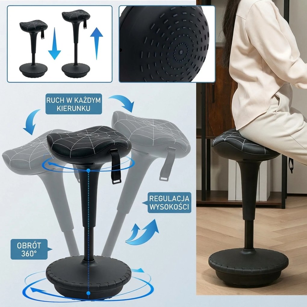 Vinsetto Stołek biurowy z funkcją obrotową, ergonomiczny stołek, regulowana wysokość 65,5-83,5 cm, 120° odchylany, czarny | Aosom PL