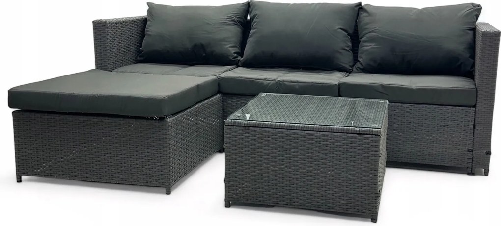 Dwustronny narożnik ogrodowy ze stolikiem Maroco 066 szary, poduszki szare