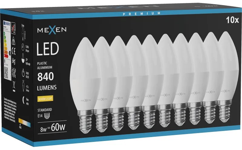 Mexen Nova 10x żarówka LED E14, C37, 8W, Ciepła - 3000K, 840 lm - L102-E14-0830-01x10