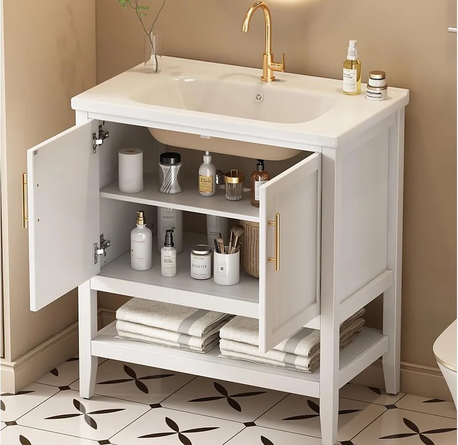 Meble łazienkowe z ceramiczną umywalką - 2 drzwi - biały (kran nie jest dołączony)