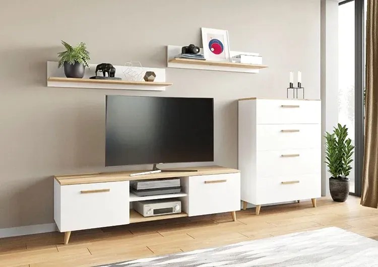 Komplet Mebli Biały Do Salonu + Dąb Biały Połysk G8-E10