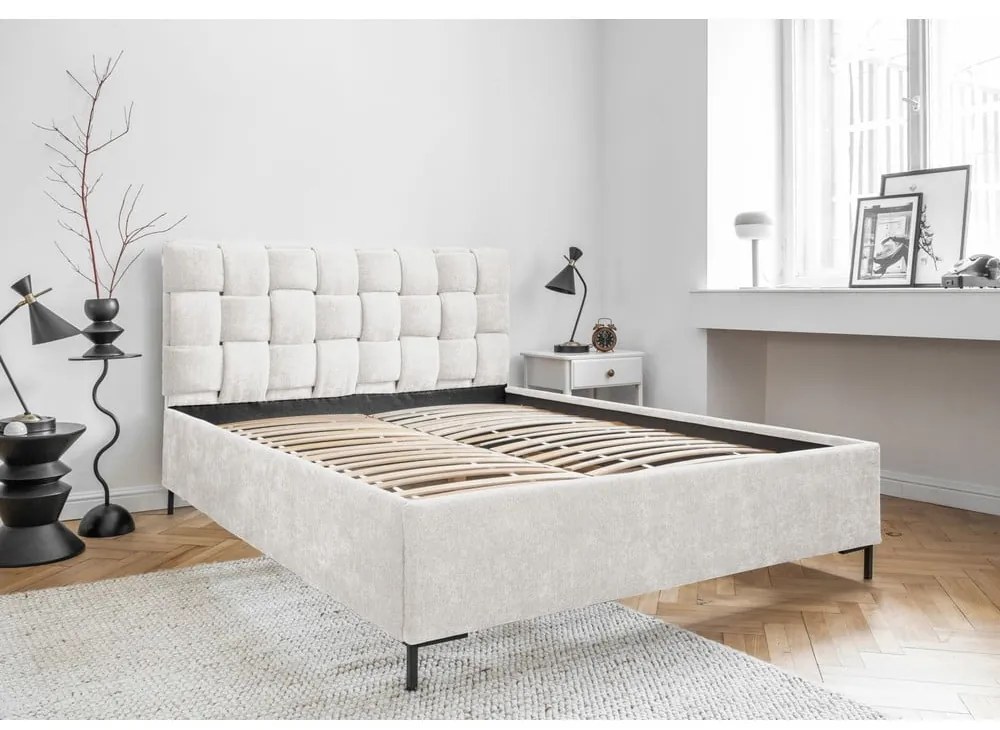 Kremowe tapicerowane łóżko dwuosobowe ze stelażem 160x200 cm Eve – Miuform