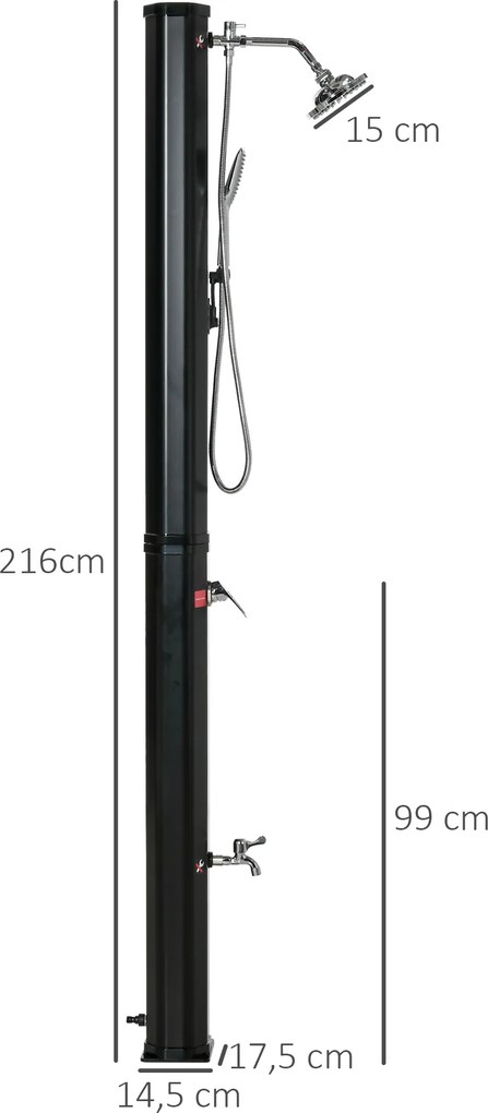 Outsunny Zasilany energią słoneczną prysznic na zewnątrz, prysznic solarny, czarny, 17,5 x 14,5 x 216 cm