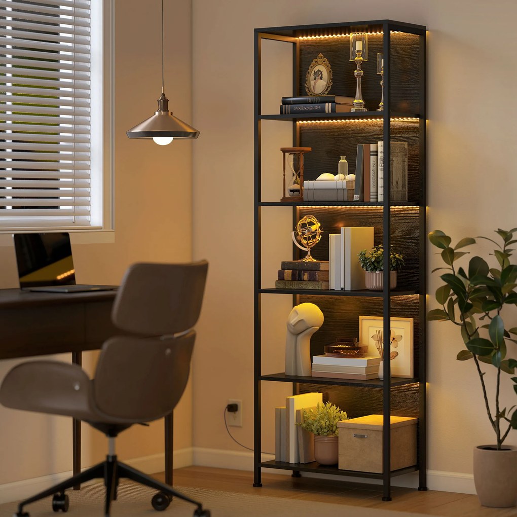 HOMCOM Regał z 5 półkami z LED, 7 kolorów światła, do salonu, 60 x 30 x 179 cm, czarny | Aosom PL