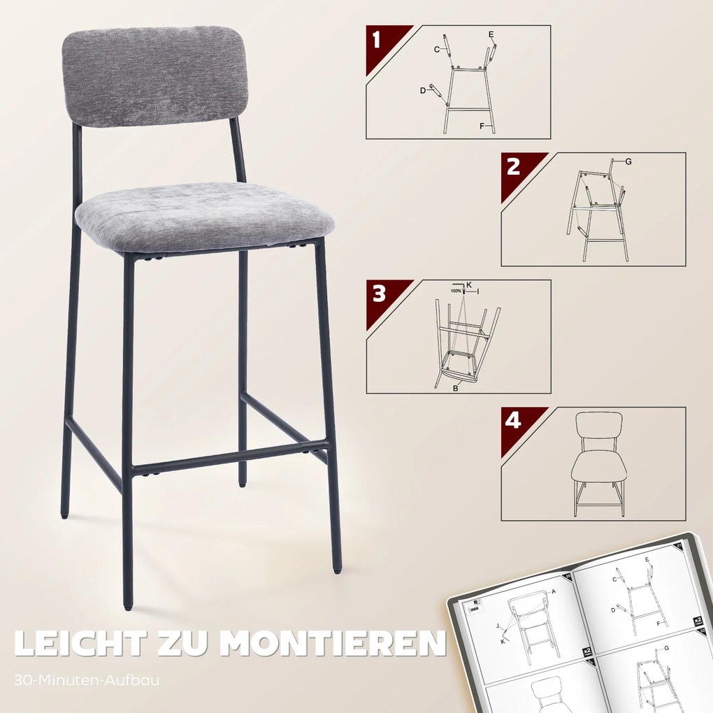 HOMCOM Zestaw 2 hokerów, tapicerowane wysokie krzesła do blatu kuchennego, domowego baru, oparcie, podnóżek, obicie z tkaniny, stal, szary