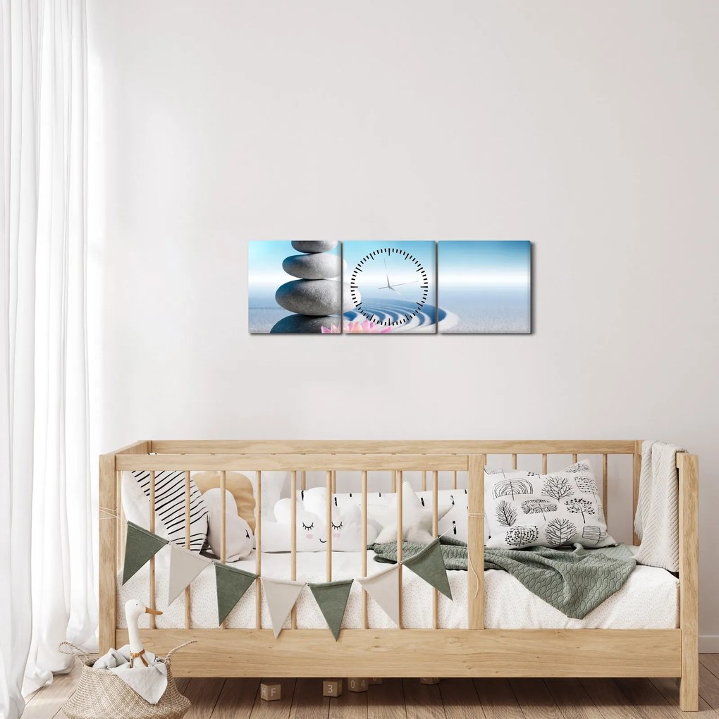 Obraz piasku, lilii i kamieni spa (z zegarem) (90x30 cm)