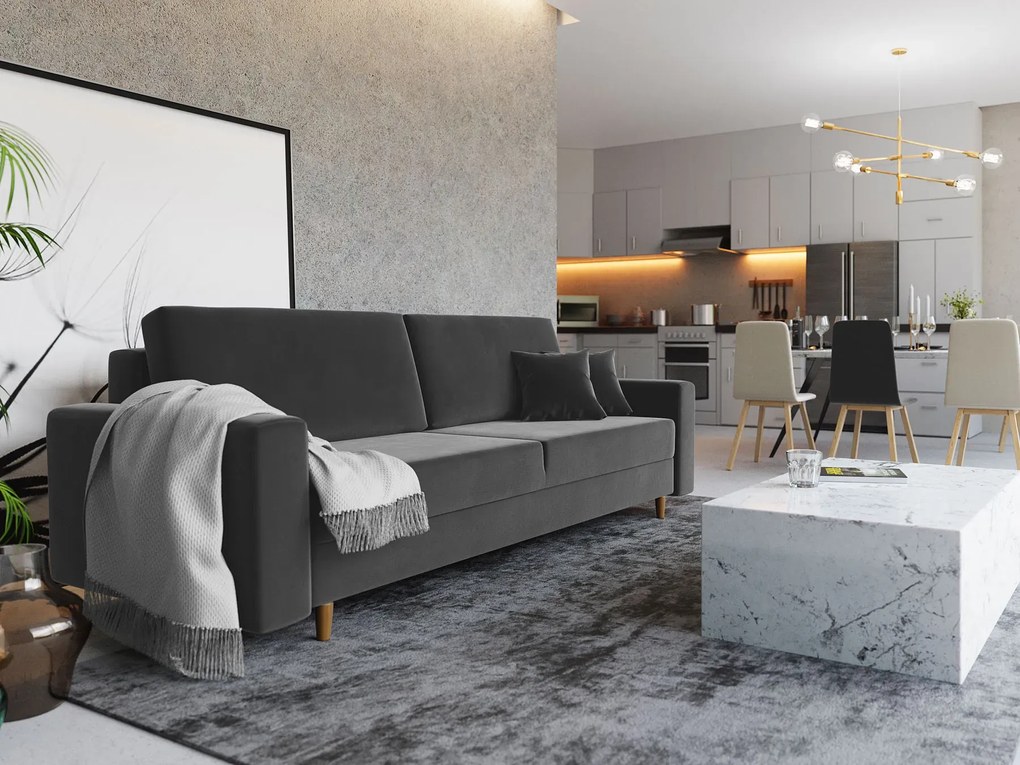 Szara welurowa sofa rozkładana z pojemnikiem N6-H25