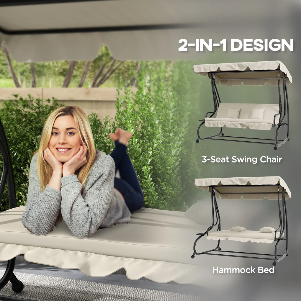 Outsunny 2-w-1 Huśtawka Ogrodowa z Funkcją Leżanki, Regulowany Daszek, do 340 kg, Stal, 200x120x164 cm, Kremowy