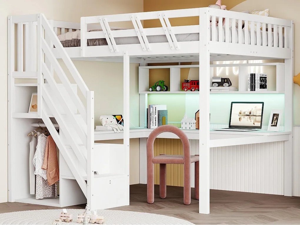 Łóżko na antresoli 140x200cm - z drabiną z pojemnikami - z biurkiem - port USB - z oświetleniem LED - biały​ (materac nie jest wliczony w cenę)