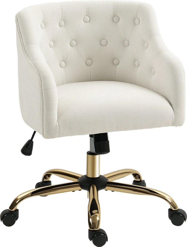 HOMCOM Wyściełane krzesło biurowe, Obrotowy fotel w wyglądzie lnu, Złote nogi, Regulowana wysokość, Kolor Beżowy