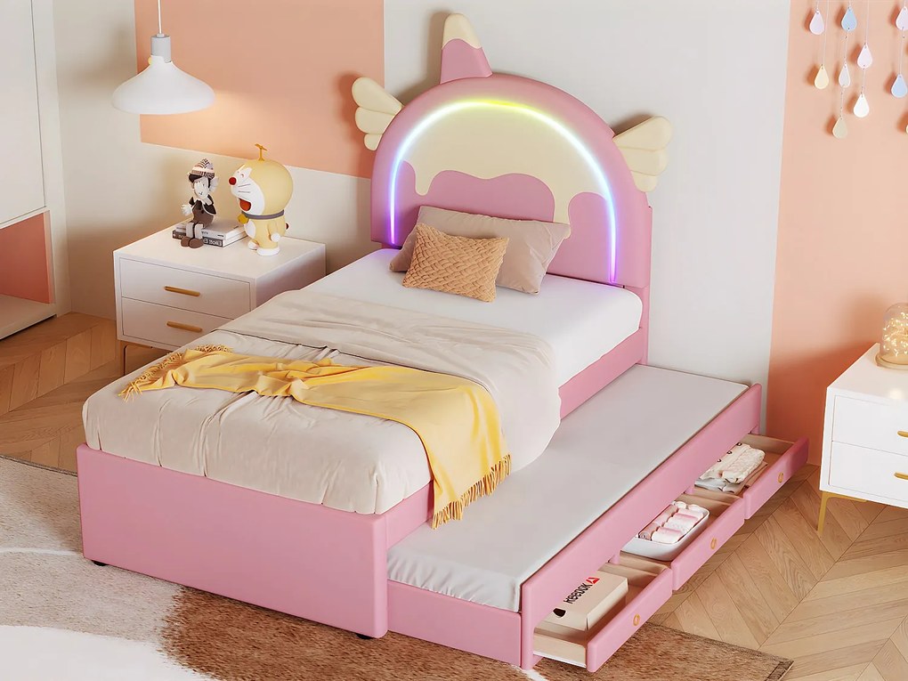 Łóżko dziecięce 90x200cm z łóżkiem wysuwanym 90x190cm - zagłówek w kształcie jednorożca z LED - z ekoskóry - Różowe