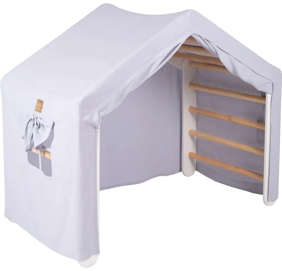 Duży domek z drabinką dla dzieci 112x61x94 cm składaną do pokoju. drewno, len, wiskoza, szaroniebieski domek, biała drabinka. - meowbaby®