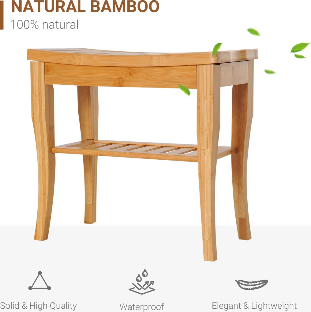 HOMCOM Ławka prysznicowa bambusowa z półką siedzisko krzesło do łazienki naturalne 47,5 x 26 x 44,5 cm | Aosom PL