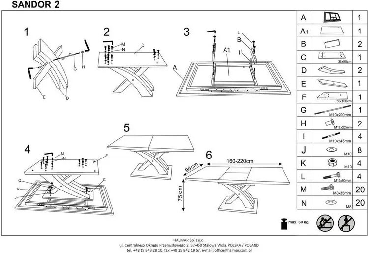 Popielato biały stół Sandor 2 ze szklanym blatem