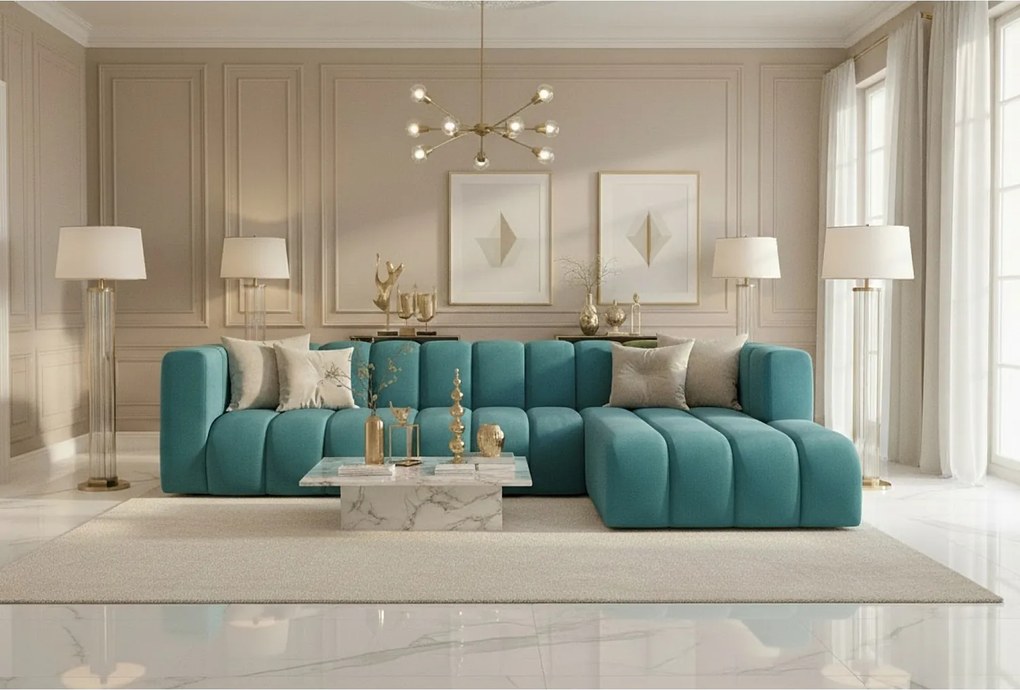 Narożnik w kształcie L GRAND 318 cm, tkanina Salvador, Lazurowy, Prawy