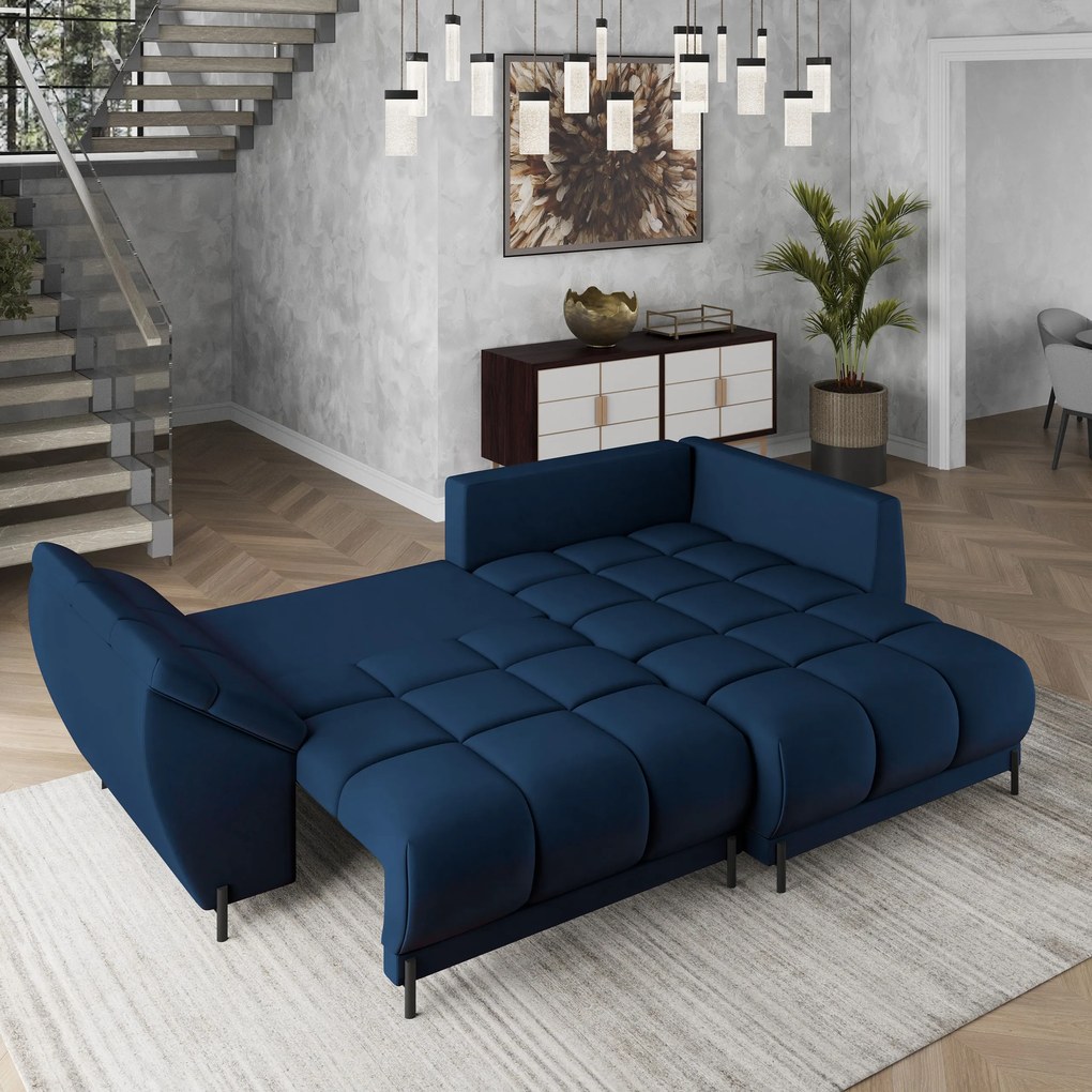Masseno Narożnik VESTANO  z funkcją spania i pojemnikiem na pościel Narozniki L, Rozkładana sofa - Niebieski, MATT VELVET 79