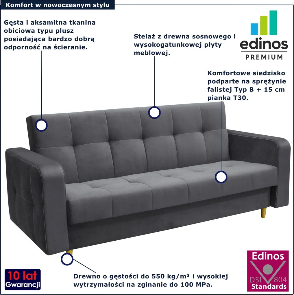 Stalowa welurowa kanapa rozkładana typu wersalka T6-F01