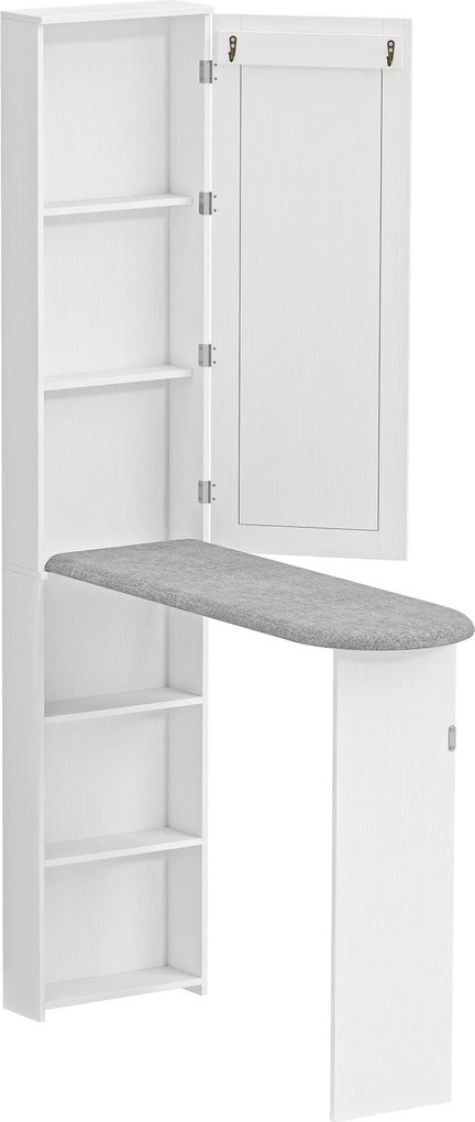 HOMCOM Składana szafka na deskę do prasowania z drzwiami, wewnętrznymi półkami, lustrem. Oszczędzająca miejsce stacja do prasowania 106x35x174 cm biała | Aosom PL