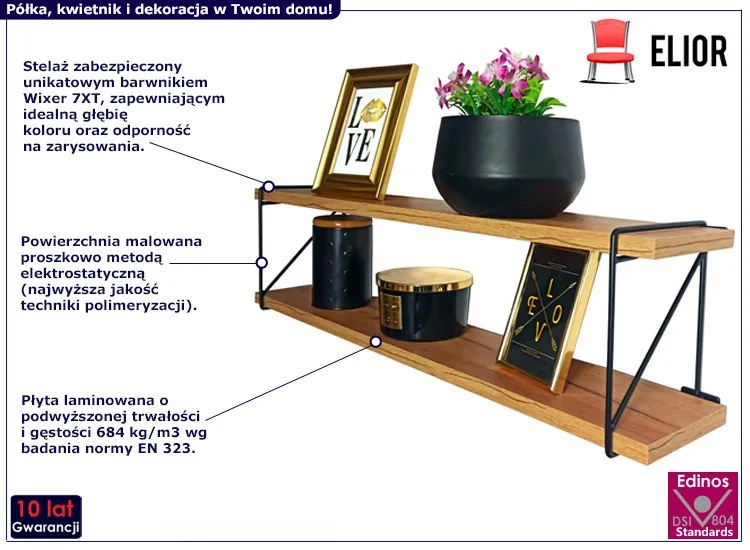 Industrialna półka ścienna z metalowym uchwytem dąb craft Berit