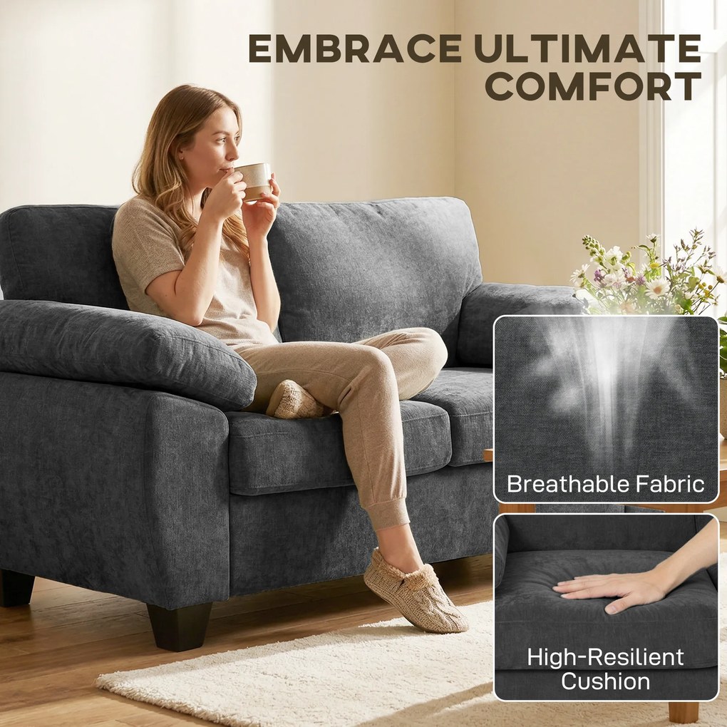 HOMCOM Sofa 2-osobowa, 156 cm sofa Chenille z grubymi poduszkami sprężynowymi, szerokimi tapicerowanymi podłokietnikami, obciążenie 300 kg, ciemnoszara | Aosom PL