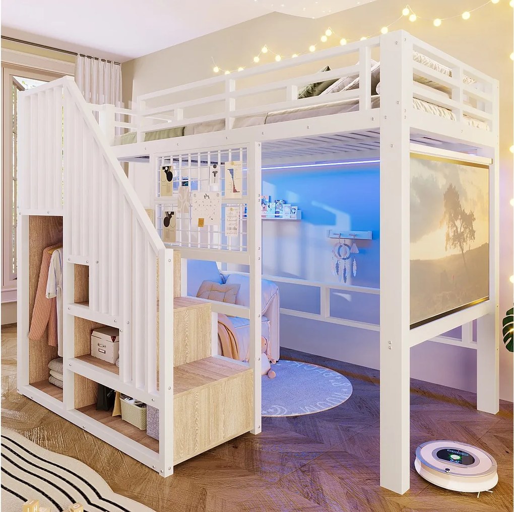 Łóżko piętrowe żelazne - 90 x 200 cm - ze schodami do przechowywania + szafa + oświetlenie LED - MDF + metal - białe