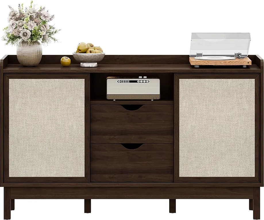 Nowoczesna komoda do salonu - 150 x 39,5 x 80 cm - z drzwiami przesuwnymi + 2 szuflady - płyta wiórowa - kolor naturalny ciemny