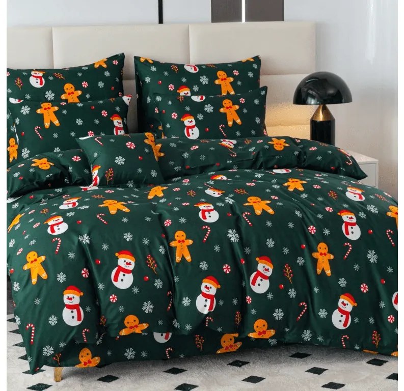 PrzytulneMieszkanie.pl PrzytulneMieszkanie.pl Prześcieradła z mikrofibry SNOWMAN AND GINGERBREAD w kolorze zielonym Rozmiar pościeli: 2 szt 70 x 90 cm | 200 x 220 cm