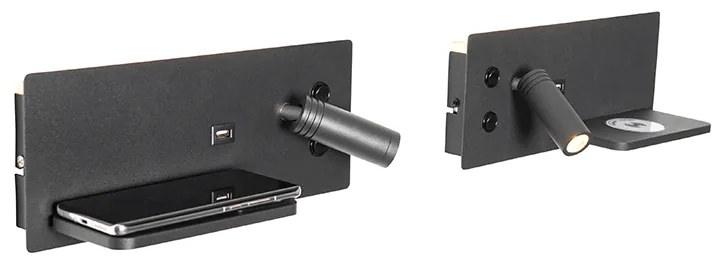 Zestaw 2 lamp ściennych czarnych w tym LED z USB i ładowarką indukcyjną - Riza