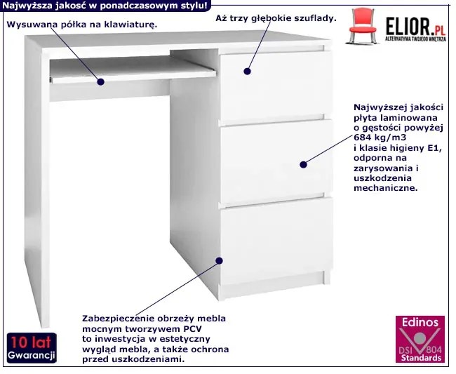 Białe młodzieżowe biurko prawostronne Firel 3X 40x35x60