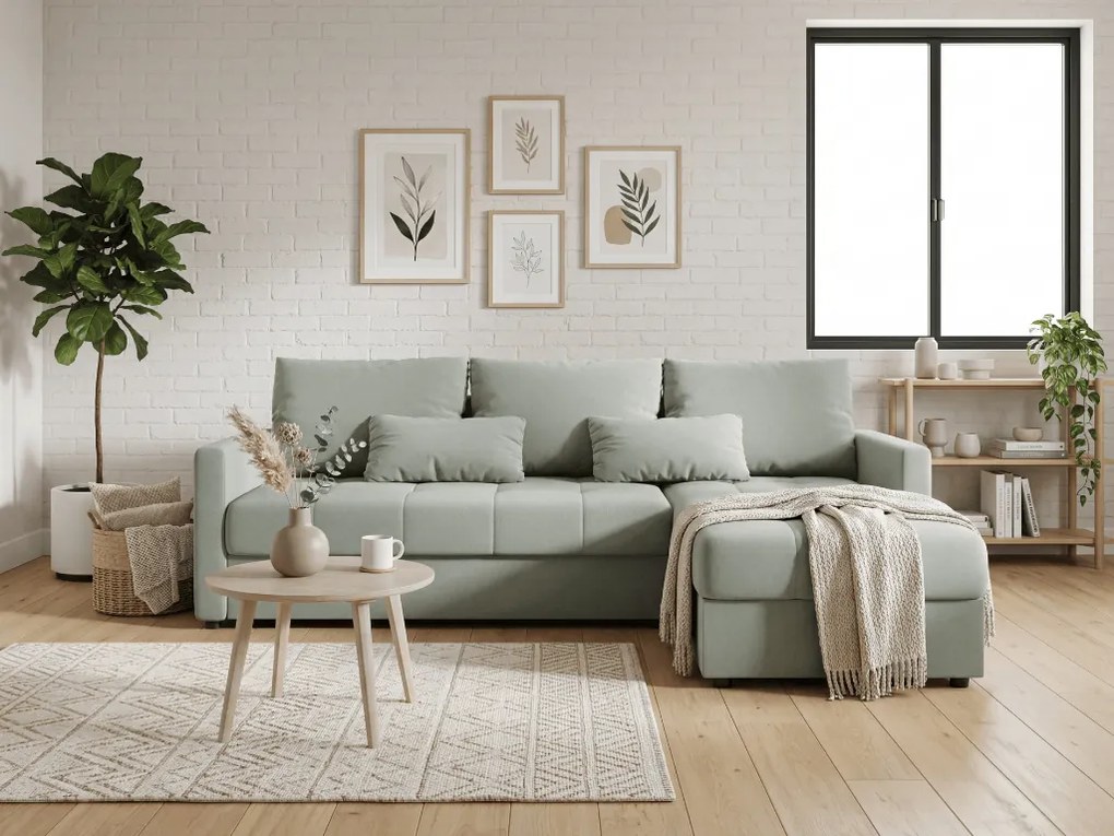 Rozkładana narożna sofa VENORIA 220x143 cm, jasnozielona, uniwersalna + 2 poduszki GRATIS