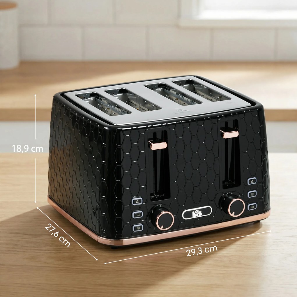 HOMCOM Toster na 4 kromki z 7 poziomami przyrumienienia, wysoki podnośnik, podgrzewanie/rozmrażanie/anulowanie, 1860W, czarny z wzorem plastra miodu | Aosom PL