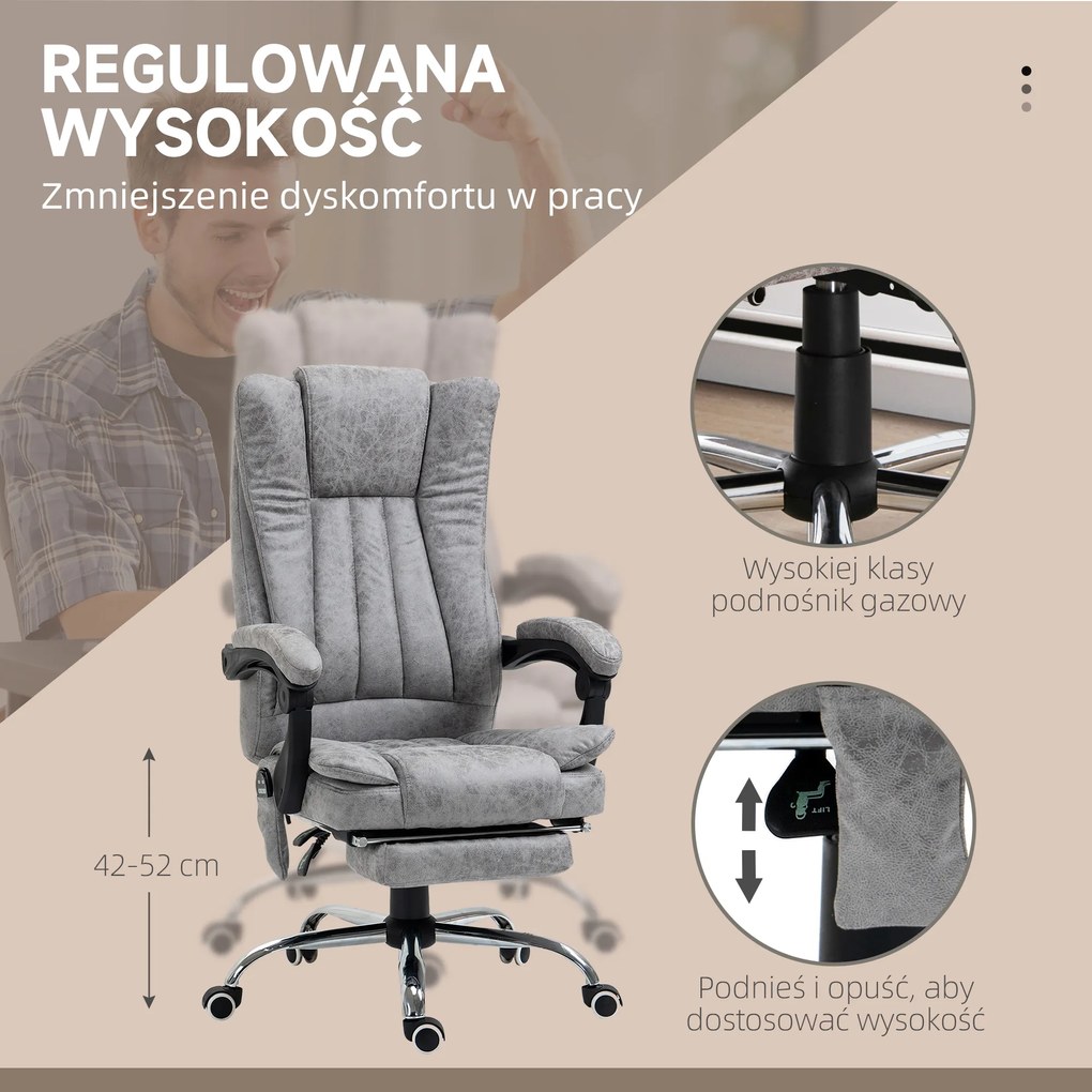 HOMCOM Fotel biurowy ergonomiczny z masażem i podgrzewaniem funkcja leżanki obciążenie do 120kg szary | Aosom PL