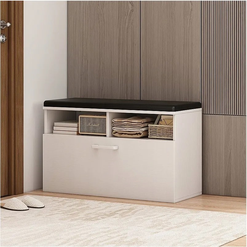 Szafka na buty biała z siedziskiem I schowkiem przedpokój 6 półek otwierana